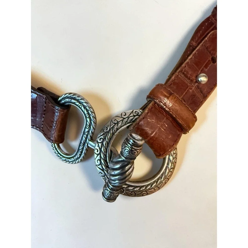 Lands End Belt Vintage Double Strap Brown Leather Woven Silver Toggle Size 26